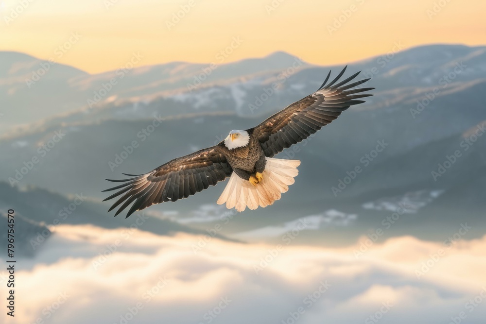 Obraz premium b'majestic bald eagle soars above the clouds with mountains in the distance'