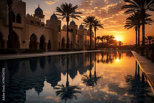 b'Palm trees and blue sky with sunset over luxury middle eastern resort with pool' photo