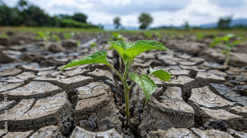 A plant growing through a crack in the dry earth. photo