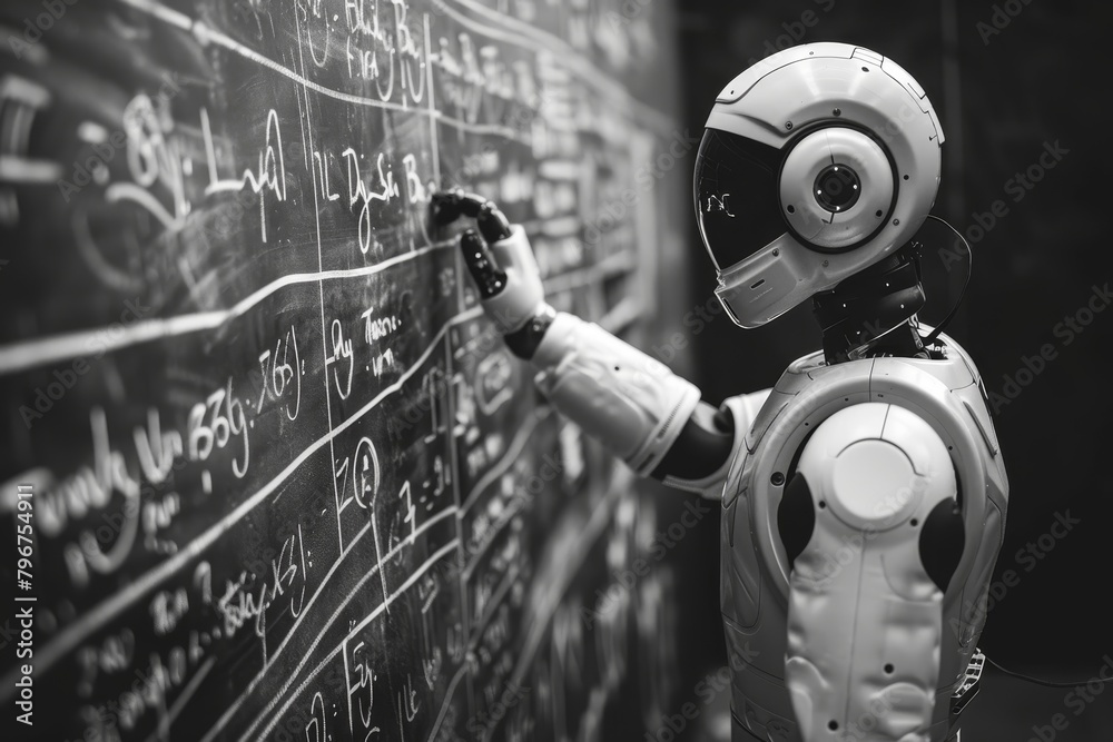 A robot is writing mathematical equations on a blackboard. - obrazy, fototapety, plakaty 