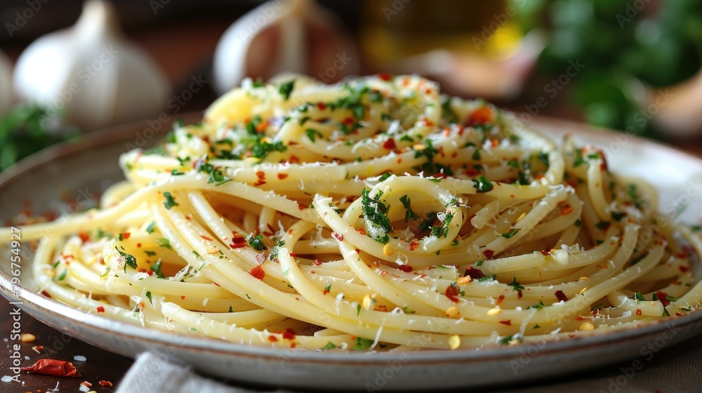 A clean and uncluttered photograph of a plate of spaghetti aglio e olio with garlic and chili