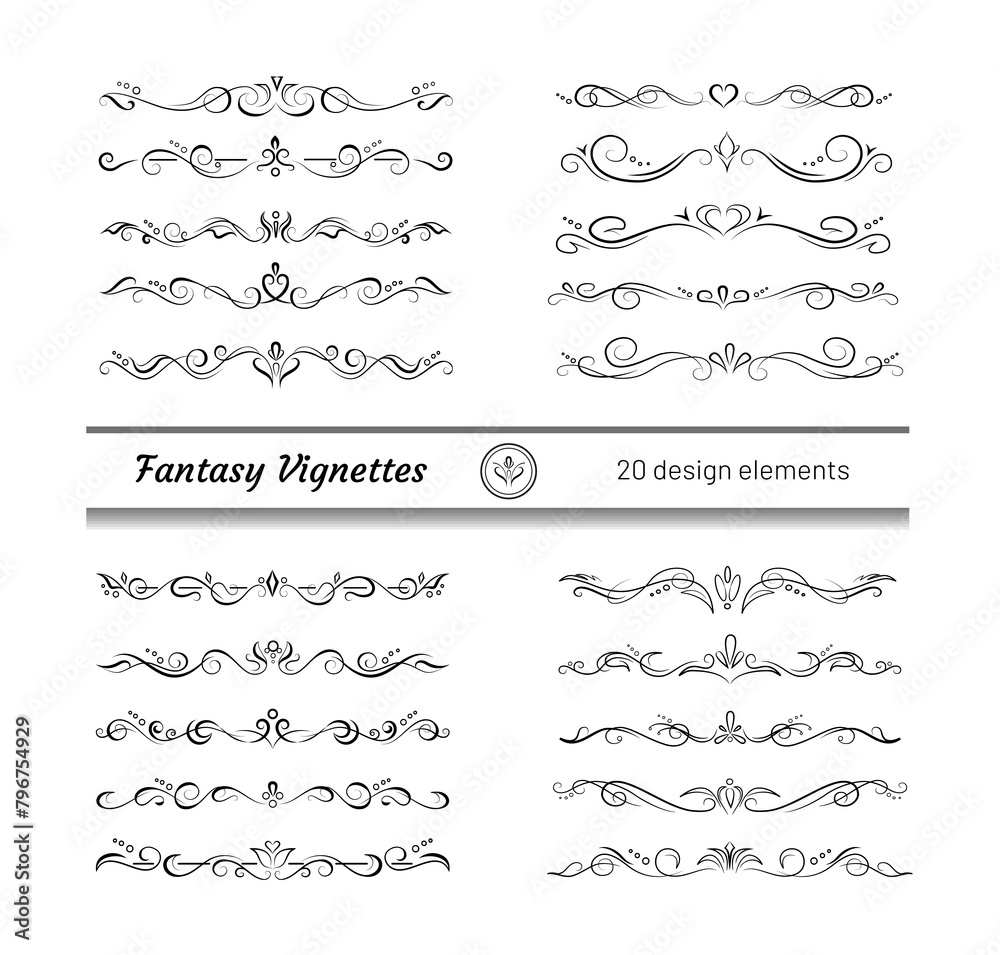 Fototapeta premium Hand drawn text dividers or vignettes. Elegant borders, separators, page frame elements. Editable