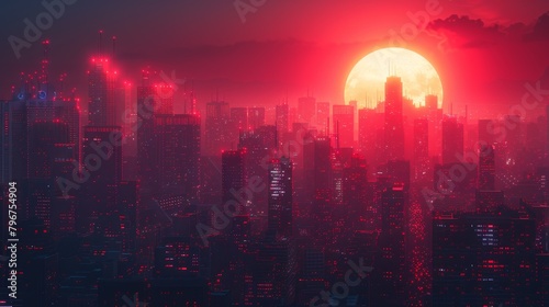 A red sun sets over a dark city.