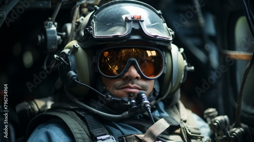 b'Portrait of a male pilot wearing a helmet and goggles' photo