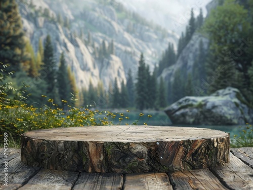 Outdoorthemed podium mockup for a camping gear commercial using rustic logs and a backdrop of forest scenery photo