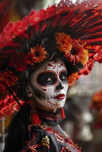 b'Woman Celebrating Day of the Dead with Traditional Makeup and Headdress'