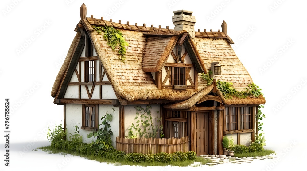 Charming 3D Rendered Cottage: An Idyllic Storybook Haven with Wooden Features and Thatched Roof