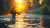 Angler in a river fishing at golden hour with sunlight reflecting on water