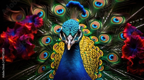 A photo detailed and captivating portrait of a regal peacock displaying its magnificent plumage, AI Generative photo