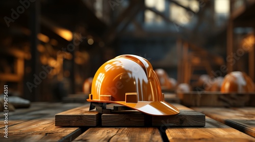 b'An Orange Hard Hat Sits on a Wooden Surface' photo