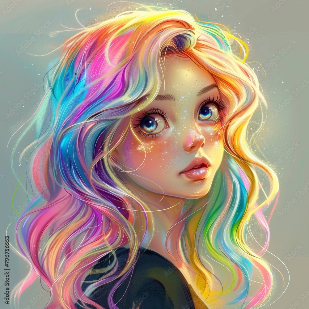 Una linda imagen que representa a una chica con pelo en tonos arcoíris y una camisete negra
