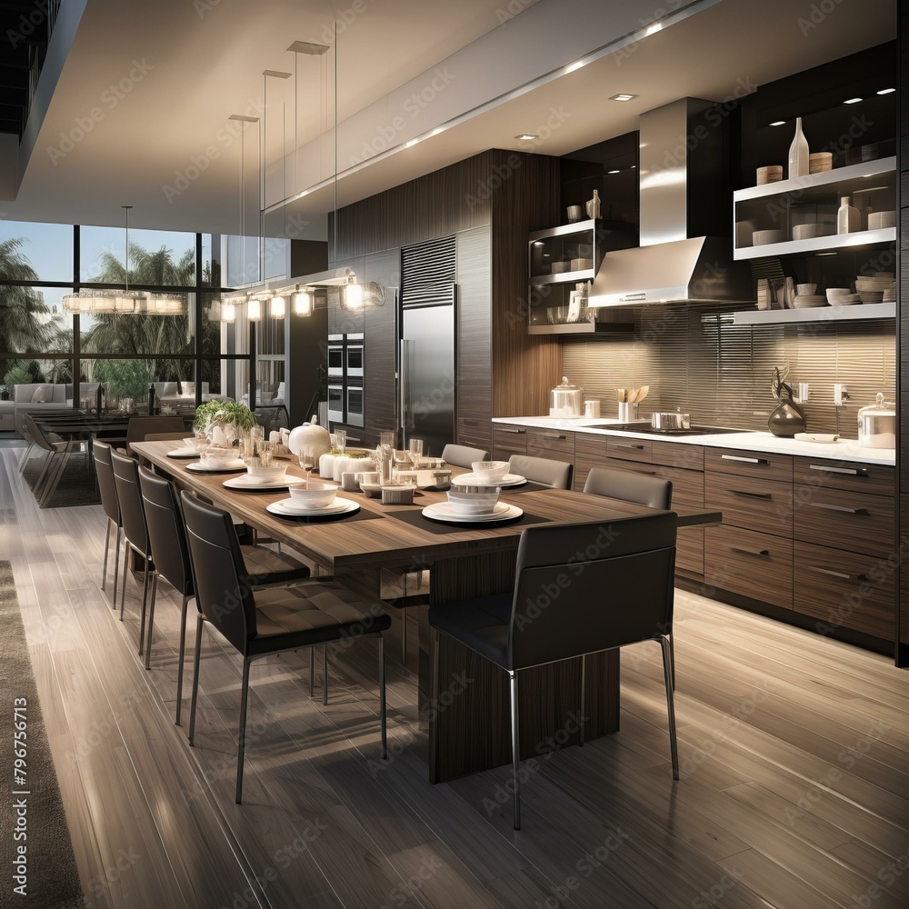 b'Modern kitchen with dark wood cabinets and stainless steel appliances'