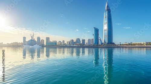 Manama's modern skyline with Bahrain World Trade Center, clear sunny day, high-definition, no glare, --ar 16:9 --stylize 250 Job ID: a8e9bb6e-87e9-40ce-b20f-5c2074562cd9