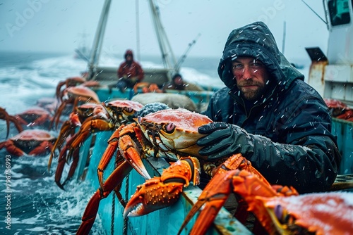 A fisherman holds a crab on a boat in the Bering Sea photo