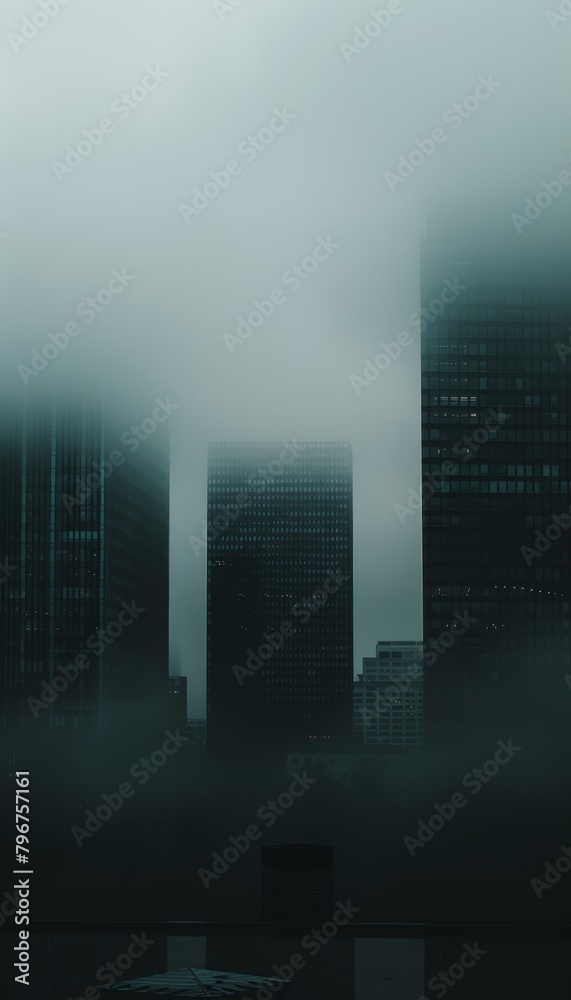 Ethereal urban vista  city skyline obscured by dense fog for a mysterious and atmospheric view