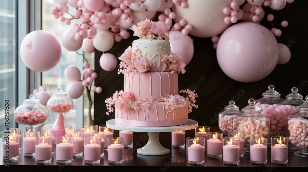 b'Three-tier pink cake with floral decorations displayed on a table with pink candles and candy jars'