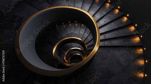 3D spiral staircase in black with gold railings