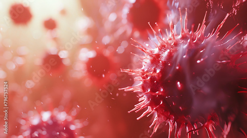 A detailed 3D rendering of a virus particle, highlighted against a backdrop of radiant light and bokeh effects, creating a dramatic contrast of beauty and threat. photo