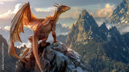 A lone dragon perches atop a towering mountain peak its majestic scales reflecting the sunlight in a breathtaking display. But instead . .