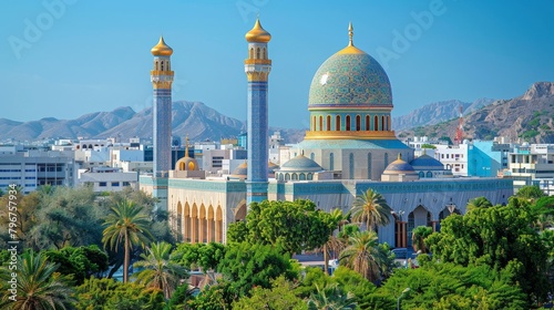 Muscat's skyline with Sultan Qaboos Grand Mosque and modern buildings, clear sunny day, high-definition, no glare, --ar 16:9 --stylize 250 Job ID: 7fdb8a17-33b3-48d5-a14d-997196872fbe