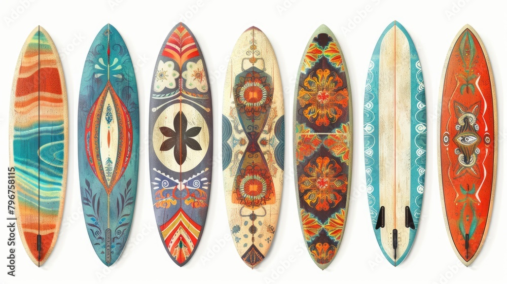 Surfboard collection with various designs and patterns Surfboard collection with various designs and patterns