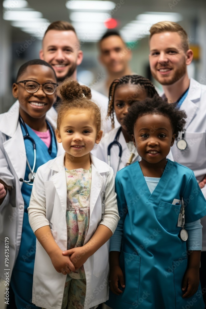 Obraz premium b'Group of diverse children and young adults dressed as doctors and nurses'