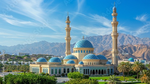 Muscat's skyline with Sultan Qaboos Grand Mosque and modern architecture, clear sunny day, high-definition, no glare, --ar 16:9 --stylize 250 Job ID: fbfb476b-ad6e-48e8-896c-fd3582f79c5f