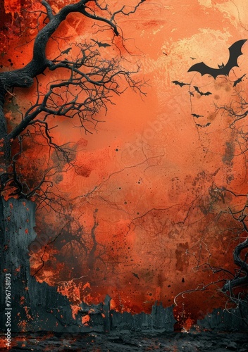 b'Black bats flying in front of a full moon on Halloween night' photo