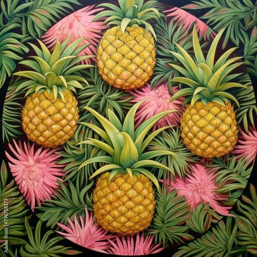 b Four pineapples with pink flowers on a dark background 