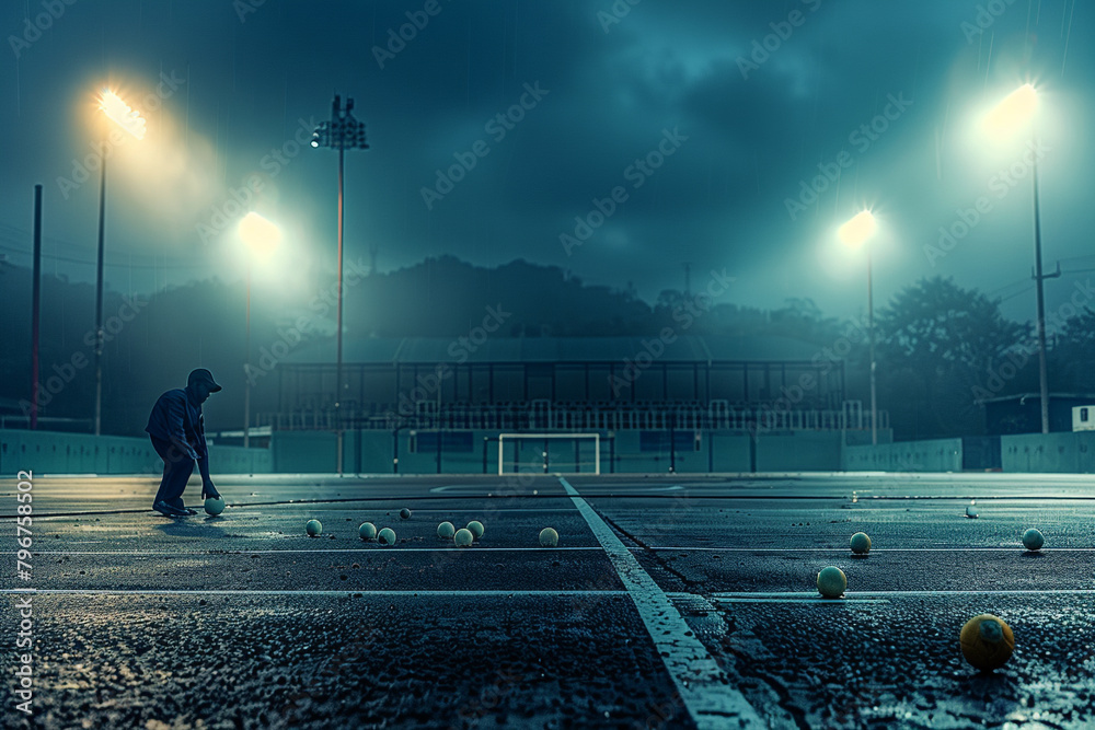 A lone ball boy retrieving stray balls from the sidelines under the watchful gaze of the stadium lights.