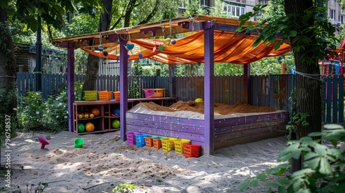 Vibrant Elementary Schoolyard Sandbox Scene with Playful Children and Colorful Booth Canopy, Summer Fun Concept