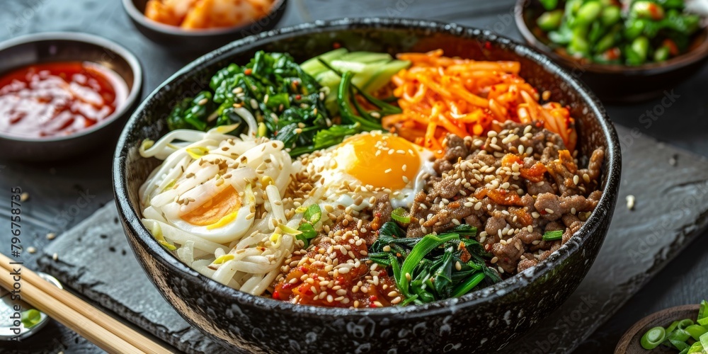 A bowl of delicious Korean bibimbap with various side dishes A bowl of delicious Korean bibimbap with various side dishes