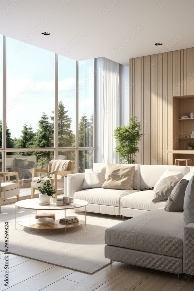 Fototapeta premium b'Bright airy living room with large windows and a comfortable couch'