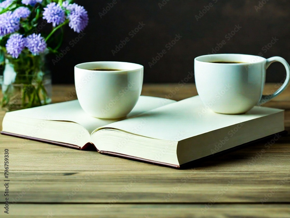 Two white coffee cups are placed on top of two open books, arranged neatly on a wooden table Two white coffee cups are placed on top of two open books, arranged neatly on a wooden table