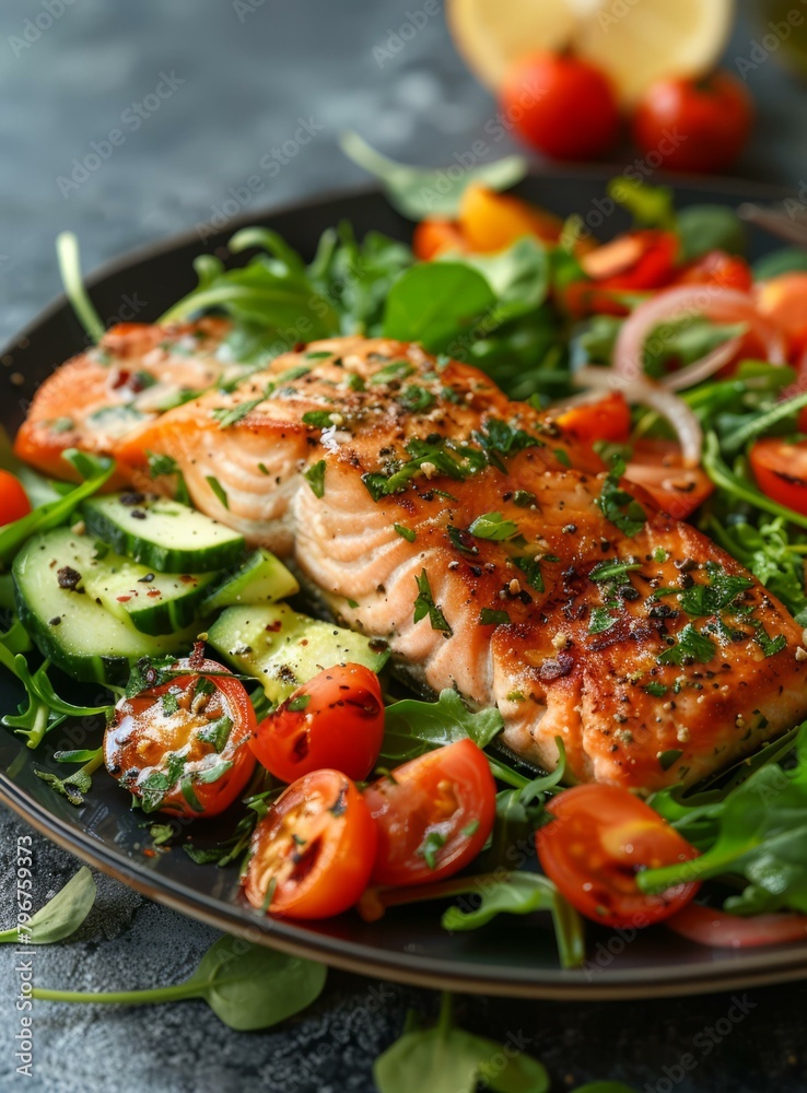 b'Grilled salmon fillet with fresh tomato and cucumber salad'