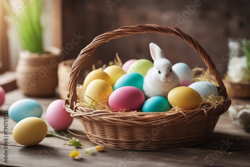 'wicker basket easter colorful eggs kitchen wooden table spring composition space text egg hamper pastel colourful white pink interior room light tradition board object springtime symbol religion'