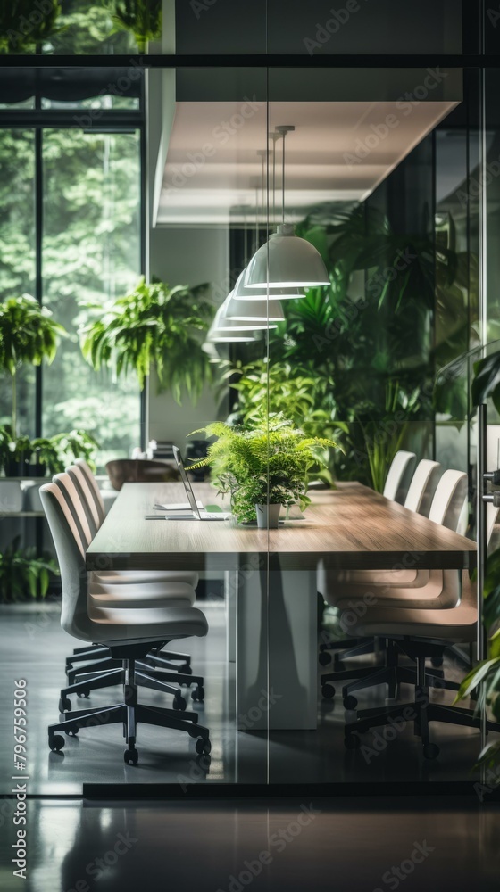 b'Modern office interior with large windows and green plants'