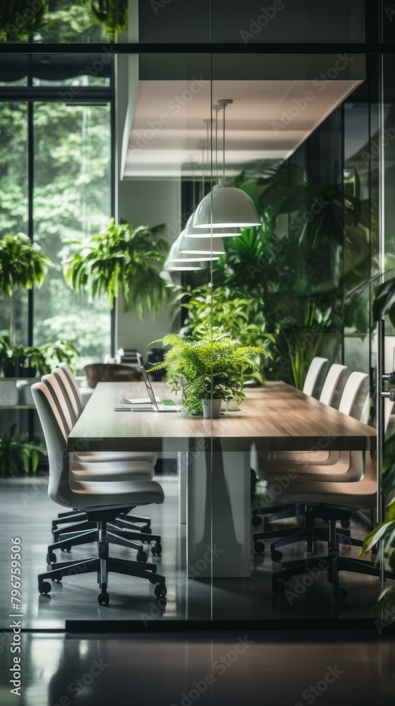 Fototapeta premium b'Modern office interior with large windows and green plants'
