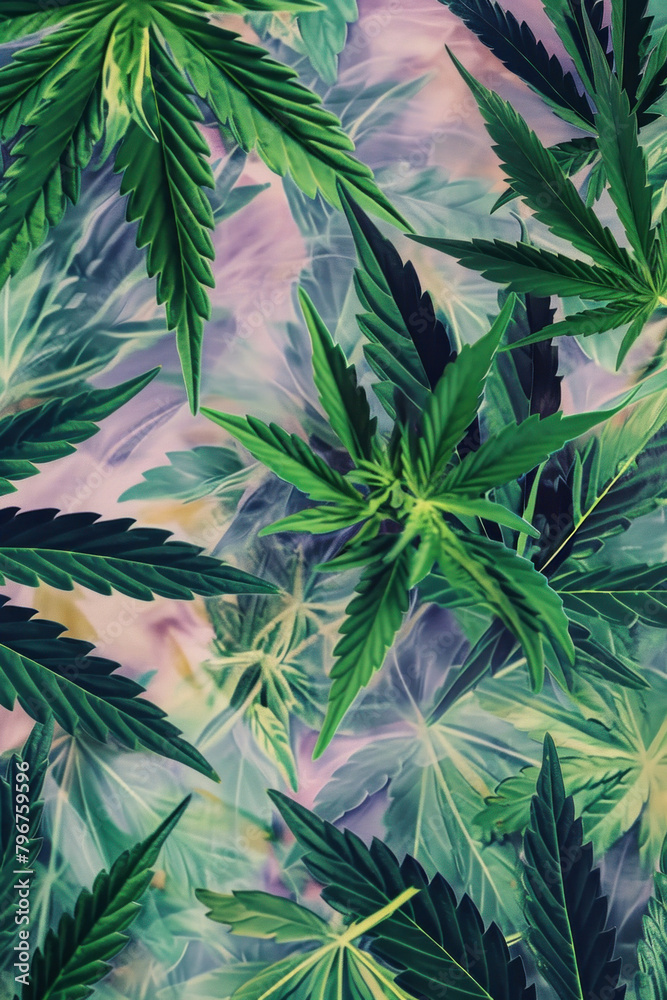 Colorful Pattern of Cannabis Leaves on Purple and Green Background, Nature Inspired Botanical Design Concept for Textile or Wallpaper