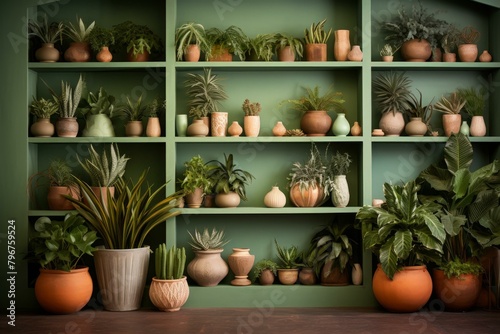 b'An abundance of potted plants on shelves against a green wall' photo
