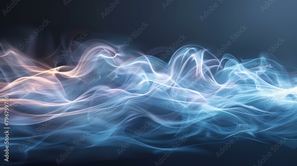 Fototapeta premium b'Blue and orange abstract smoke waves on a dark blue background'