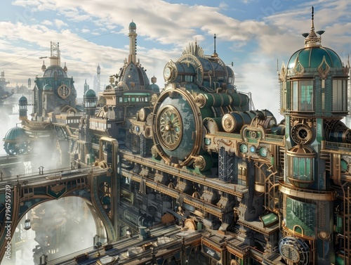 A steampunk city with airships and a giant clock tower