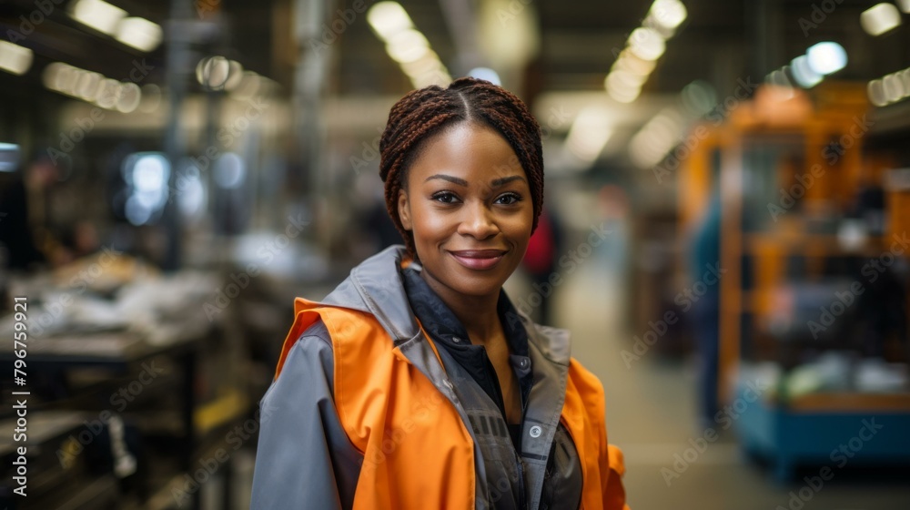 b'Portrait of a young African American woman in a warehouse.' b'Portrait of a young African American woman in a warehouse.'