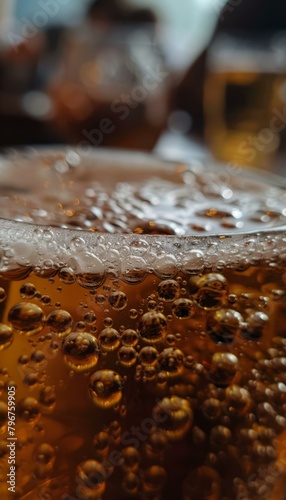 b'Close-up of a glass of amber beer with bubbles' photo