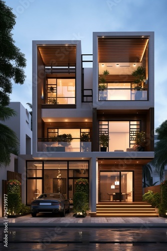 b'A stunning three-story modern house with a beautiful exterior design'