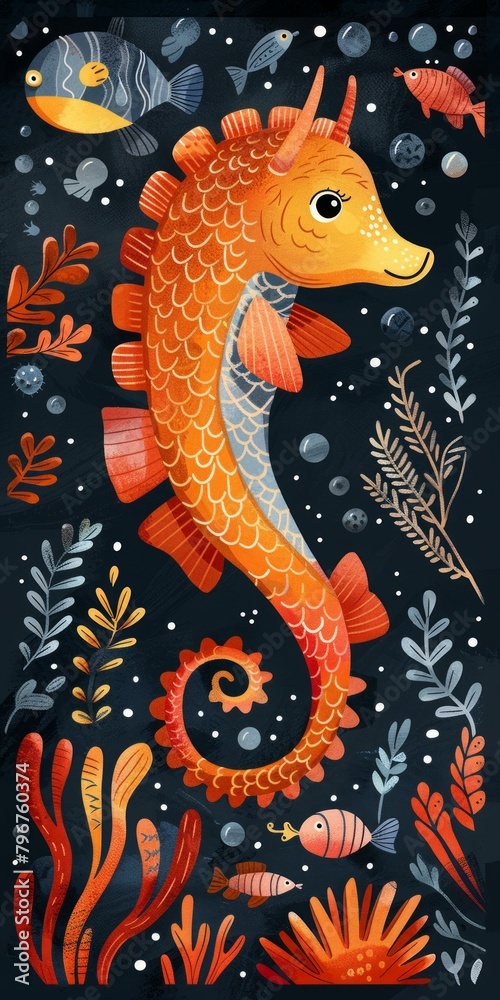 b'Orange Seahorse with Bubbles and Plants'