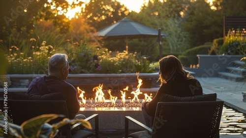 A tranquil moment captured by the fire table as two individuals sit and admire the beautiful flames. 2d flat cartoon.