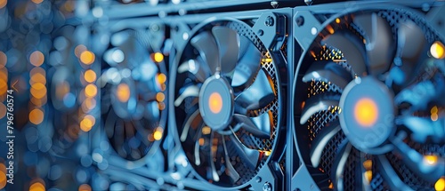 A close up of a computer fan with orange lights reflecting off of it. photo
