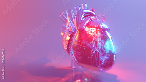 A heart made of glass is shown in a pinkish purple background. The heart is surrounded by a clear glass container  and it is broken. Concept of fragility and vulnerability