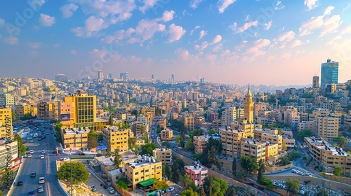 Amman's skyline with Citadel and modern architecture, clear day, high-definition, no glare, --ar 16:9 --stylize 250 Job ID: 0c97611b-e49d-40a1-97a0-7265073301d2 photo
